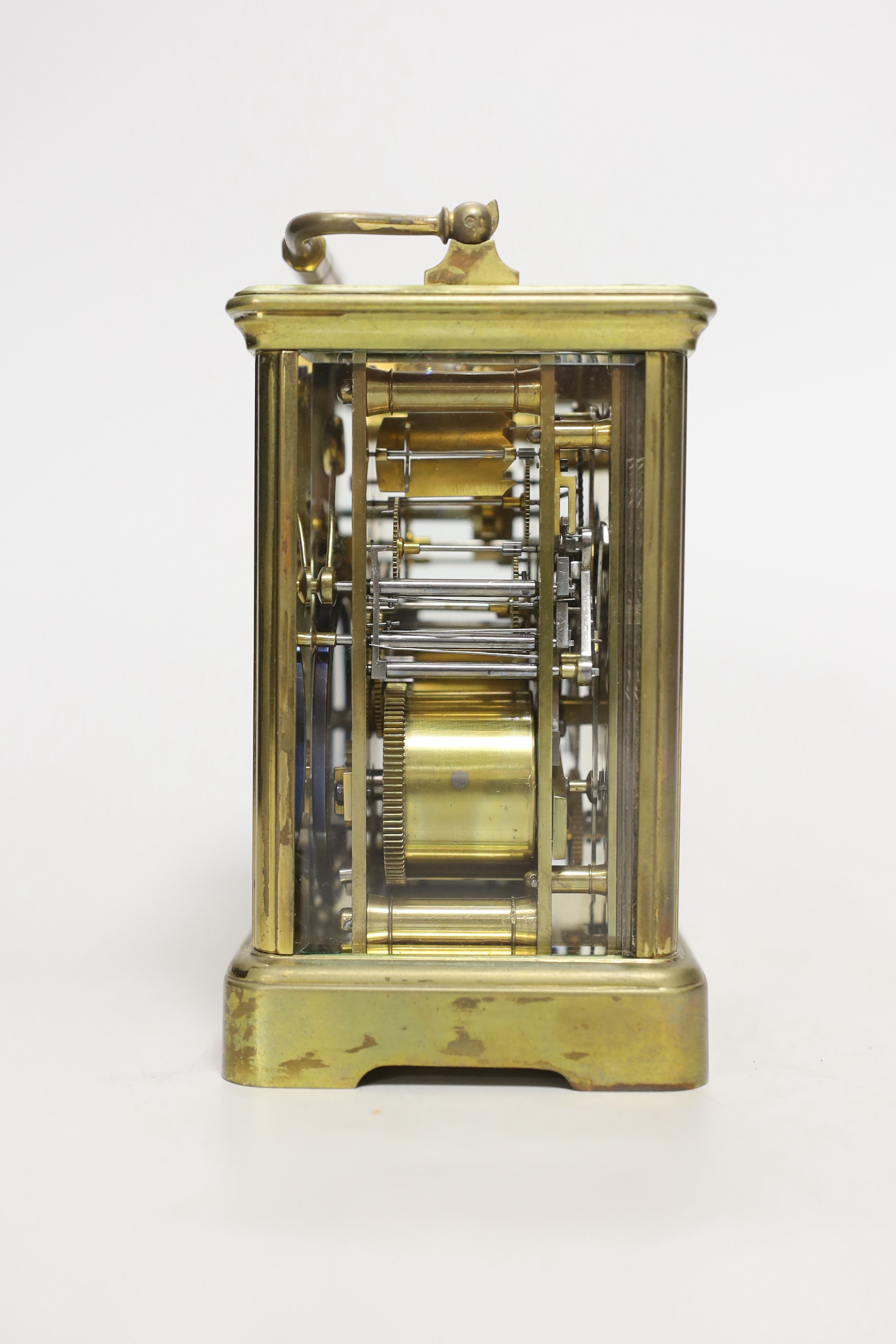 An early 20th century French brass sonnerie repeating carriage clock with alarm, 15cm tall